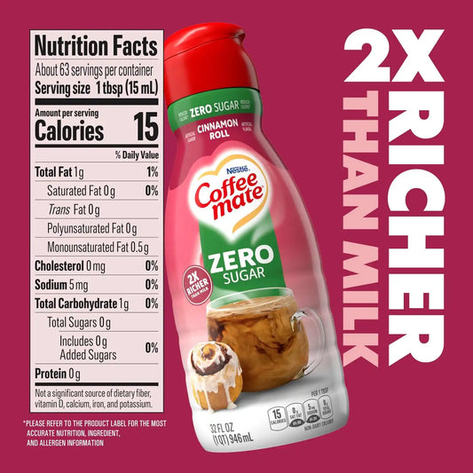 Nestle Coffee mate Zero Sugar Cinnamon Roll Liquid Coffee Creamer, 32 Fl Oz